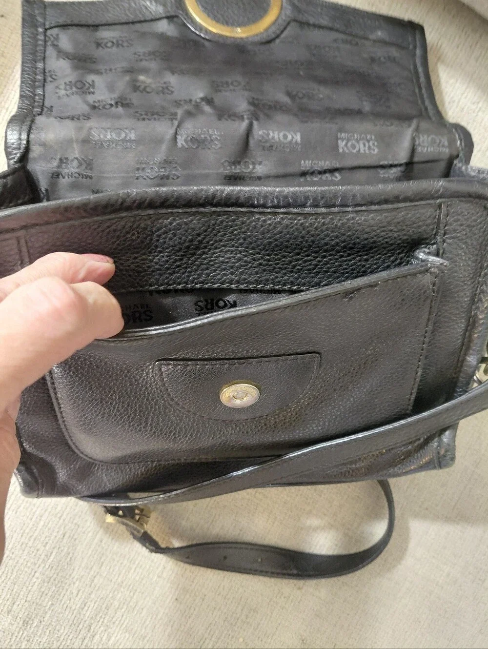 Michael Kors Black Leather Crossbody with Gold MK Emblem